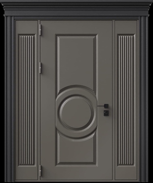 Входная термодверь с металлофиленкой, вставками по бокам, карнизом и порошковым напылением RAL 7022 (тип №1)